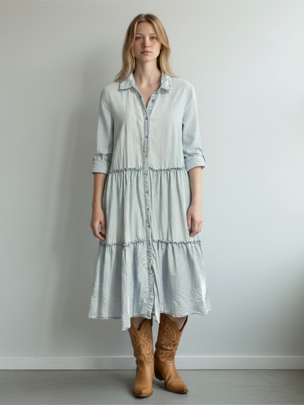 "Bea" Midi Shirt Dress Brand ONLY Chambray  Stone Blue Cowgirl Vibe Sz M